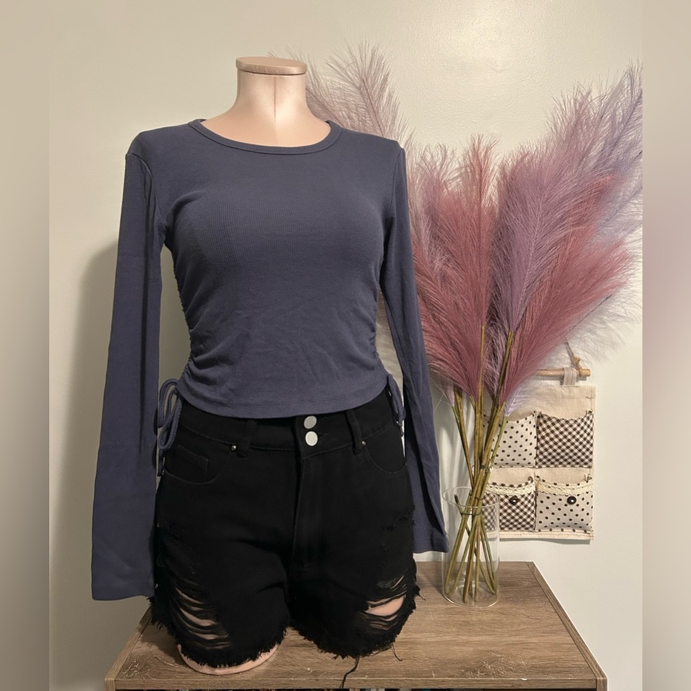 Divided Blue Fitted Ruched Long Sleeve Blouse - Size: